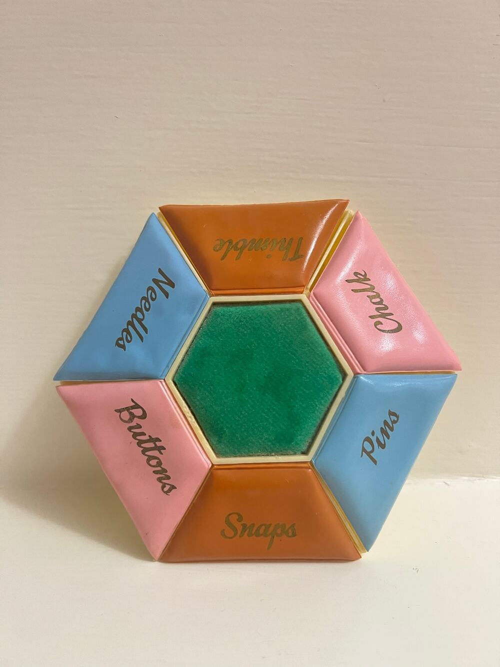 Vintage 1950s Sewing Notions Box Hexagon Pastel Organizer Pin Cushion